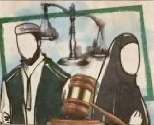 Illustration of muslim man and women with scales of justice between them
