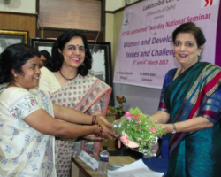 Mrs. Lalita Nijhawan speaking at Lakshmibai College along with trustees about women empowerment about 300 girls attended the program. It was an interactive program.
